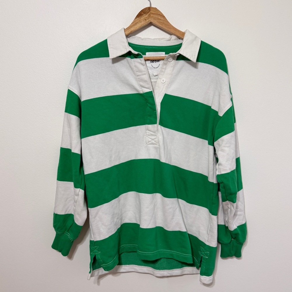 Aerie Prep Rally Rugby Sweatshirt Size XS Green Striped Polo Sweater - Picture 2 of 6